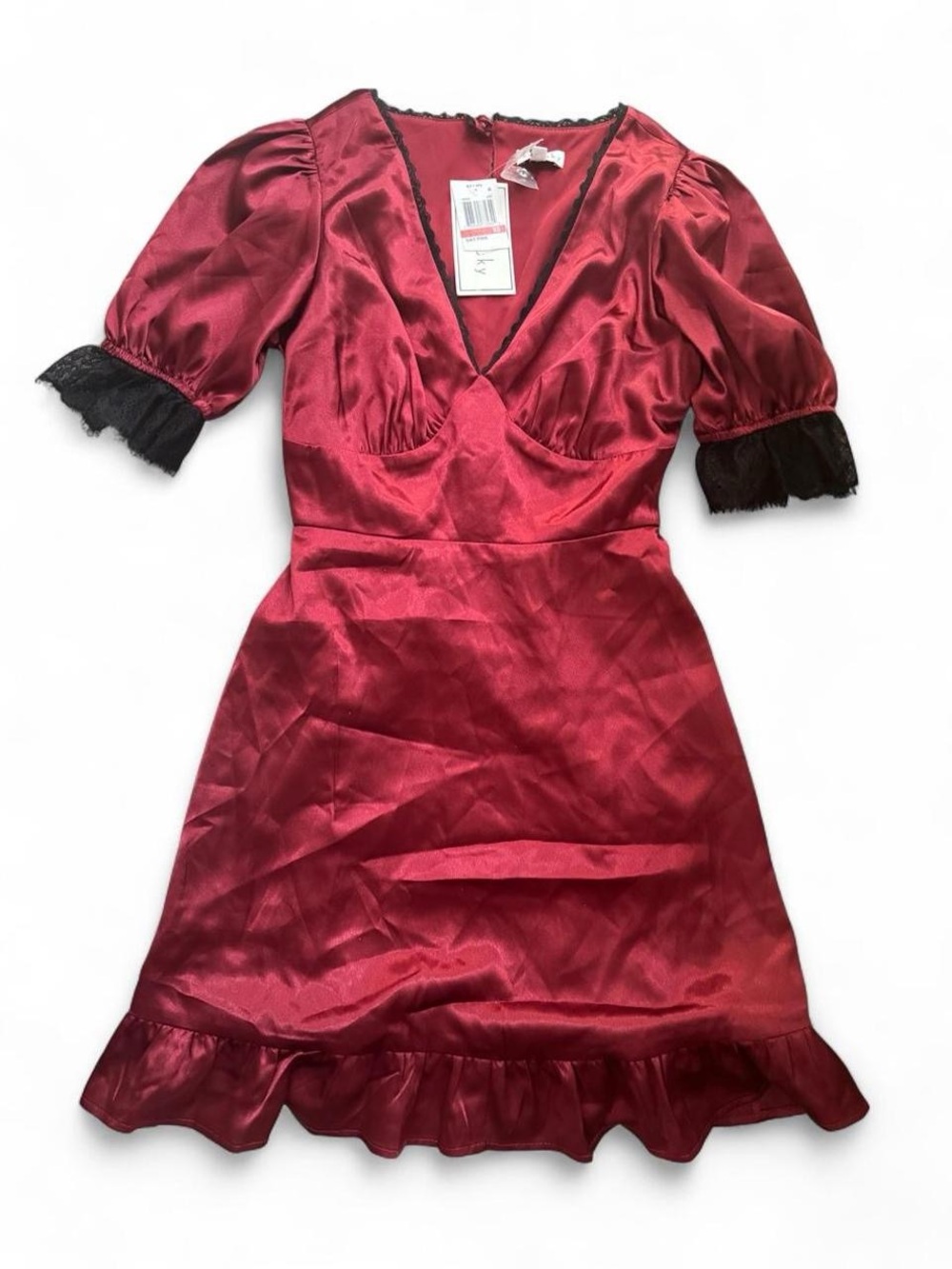 New w/ tag: Deep Red Satin lace trim V-Neck Mini Dress with Black Lace Cuffs